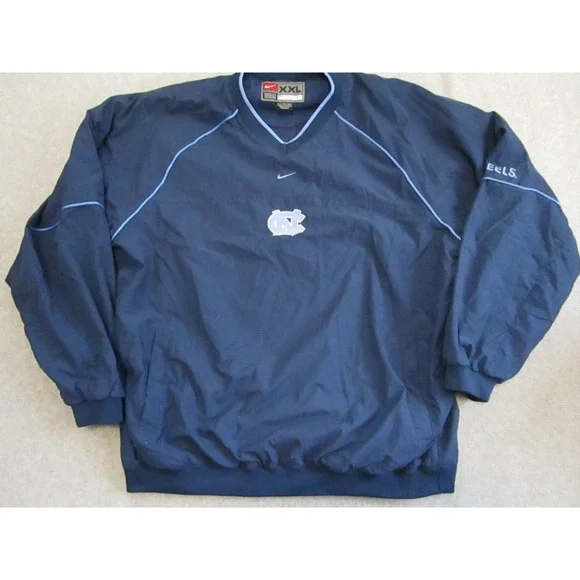 VTG UNC Tar Heels Windbreaker Mens XXL Navy Blue Nike Center Swoosh Pullover - Picture 1 of 11